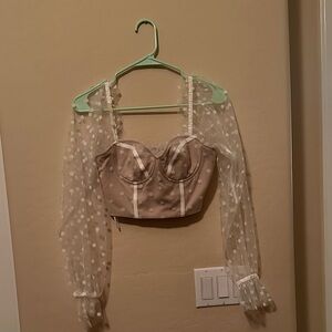 Hello Molly Sheer Sleeve Polka Dot Blouse in Tan